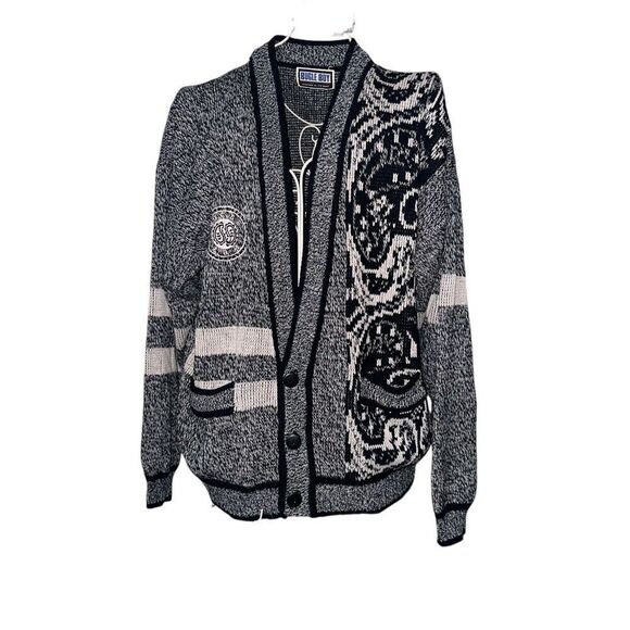 NICE VINTAGE 80s Bugle Boy University Gray Black Cardigan Sweater Mens SIZE Larg - Picture 3 of 10